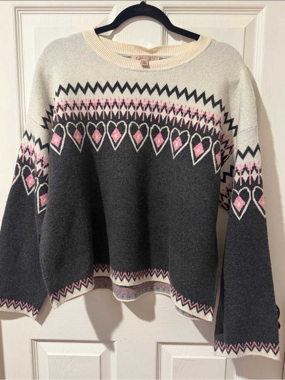 Philosophy Gray Fair Isle Crewneck Sweater with hearts